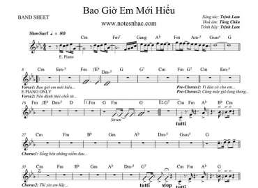 Bao Giờ Em Mới Hiểu sheet nhạc đệm