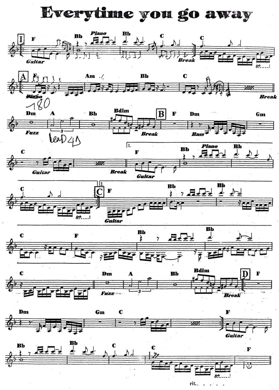 Everytime You Go Away sheet