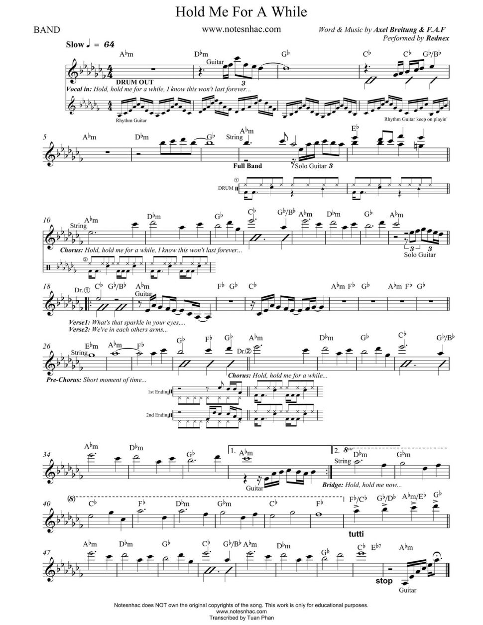 Hold Me For A While sheet