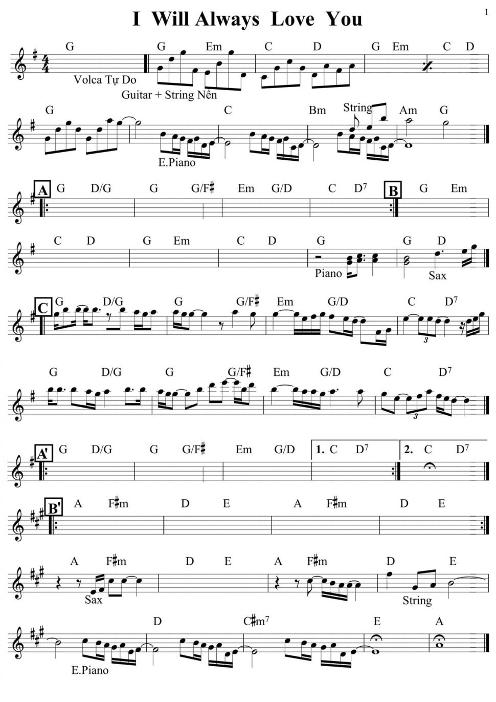 I Will Always Love You sheet