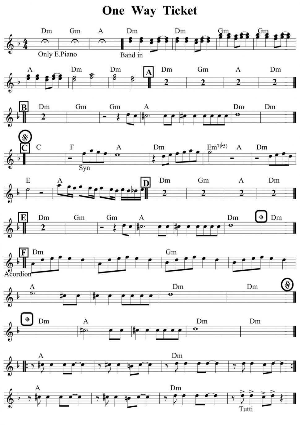 One Way Ticket sheet