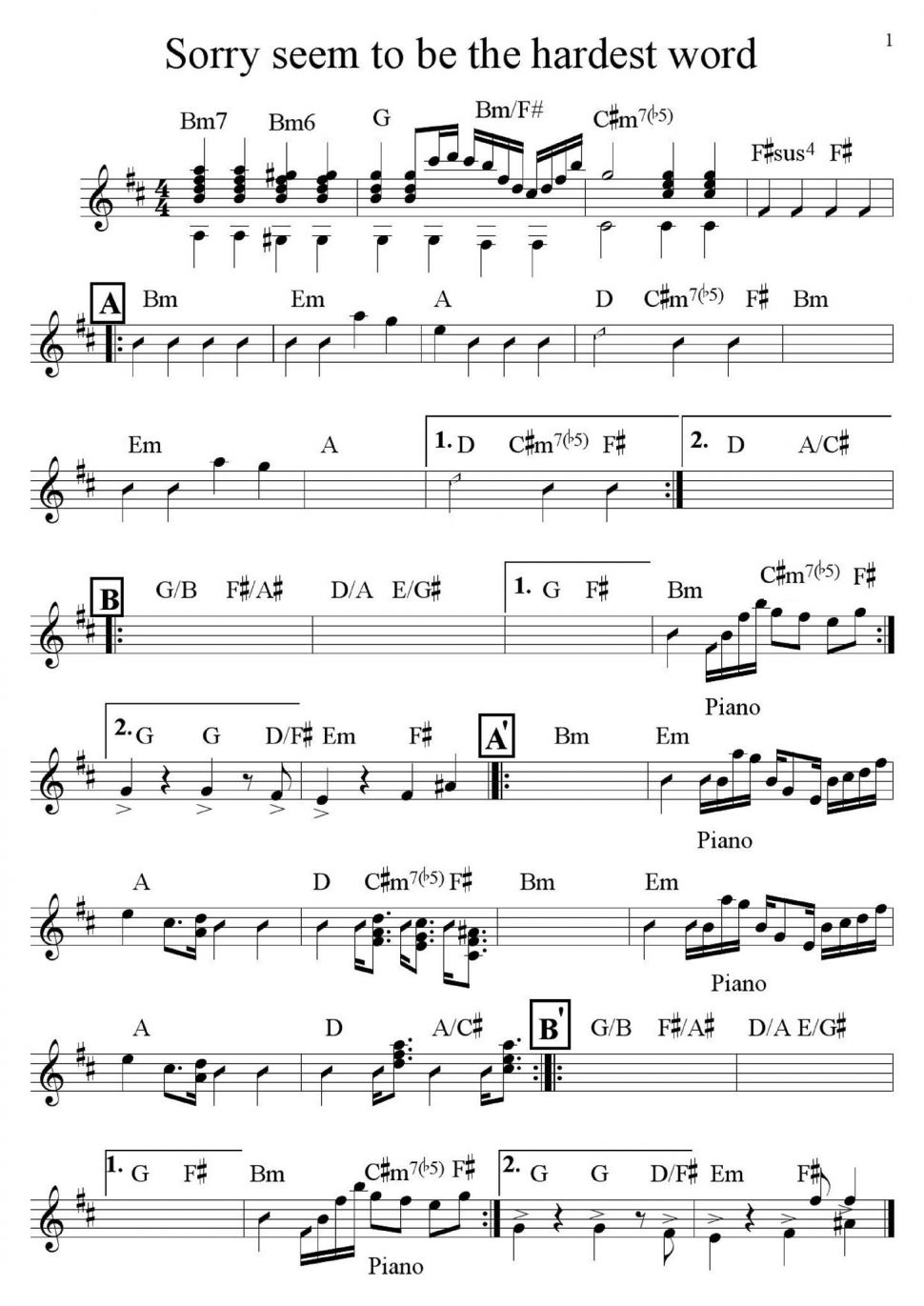 Sorry Seem To Be The Hardest Word sheet