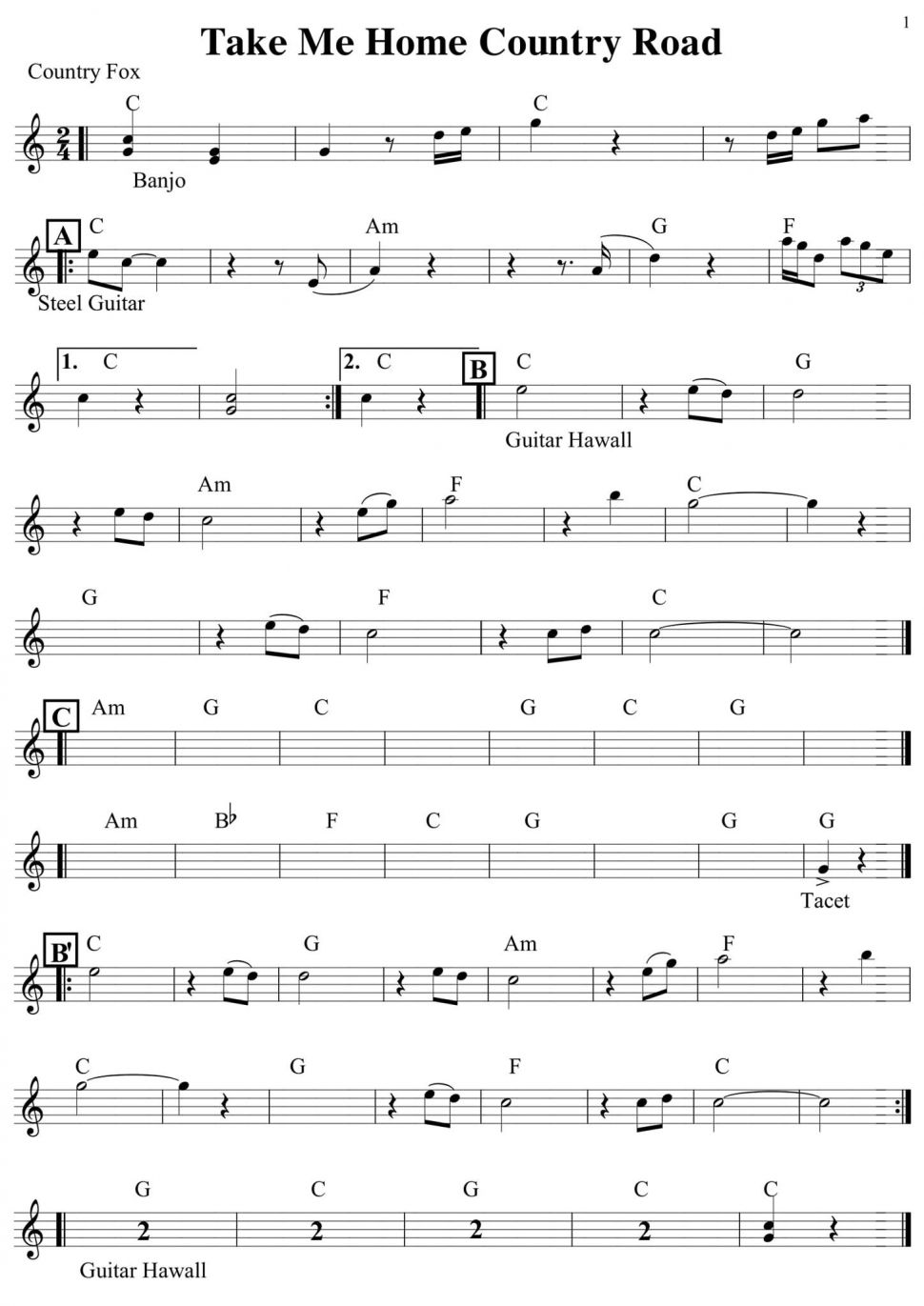 Take Me Home Country Road sheet