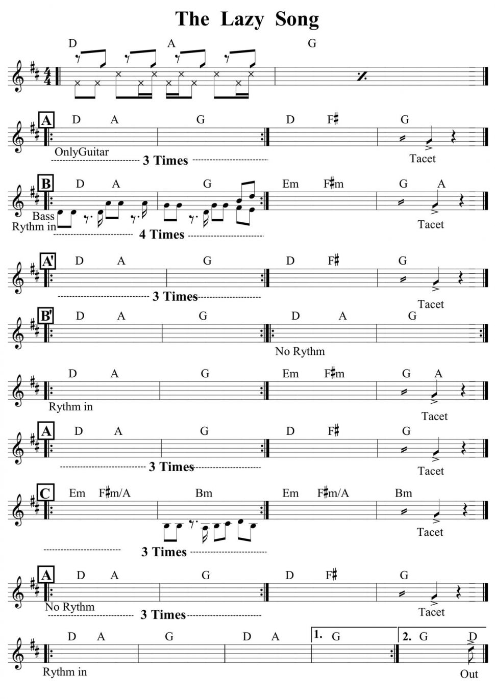 The Lazy Song sheet