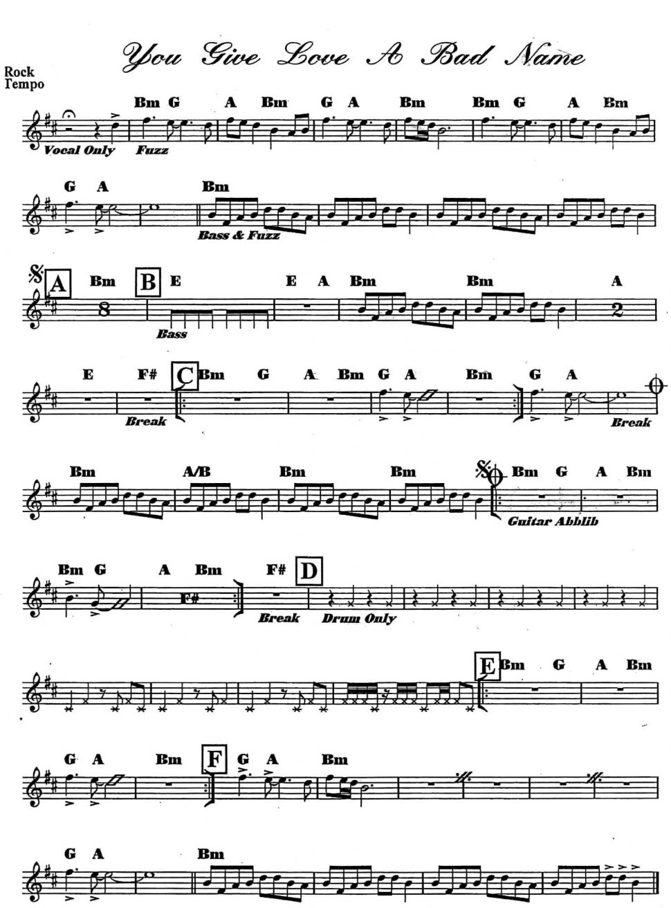 You five love a bad name sheet