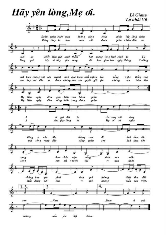 Hãy Yên Lòng, Mẹ Ơi sheet