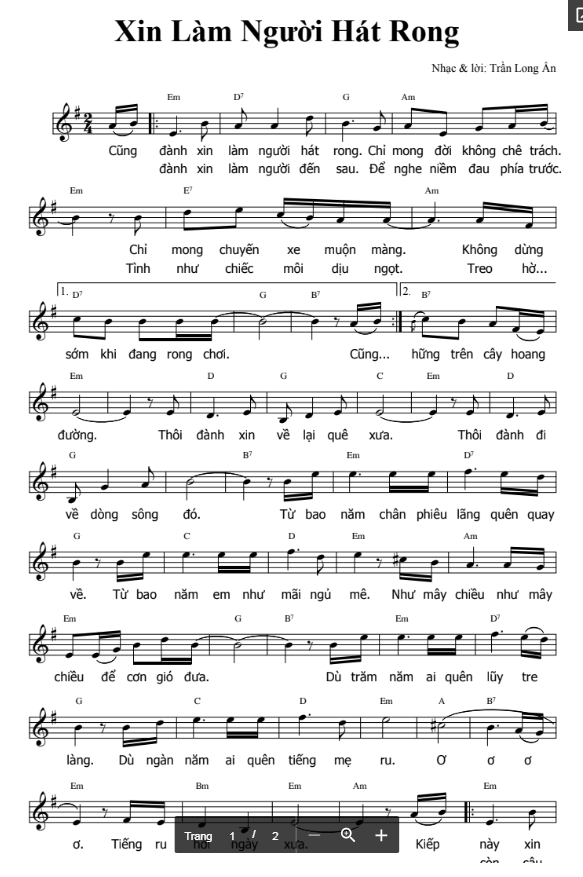 Xin làm người hát rong sheet