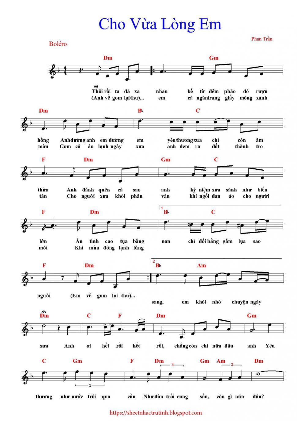 Cho Vừa Lòng Em sheet