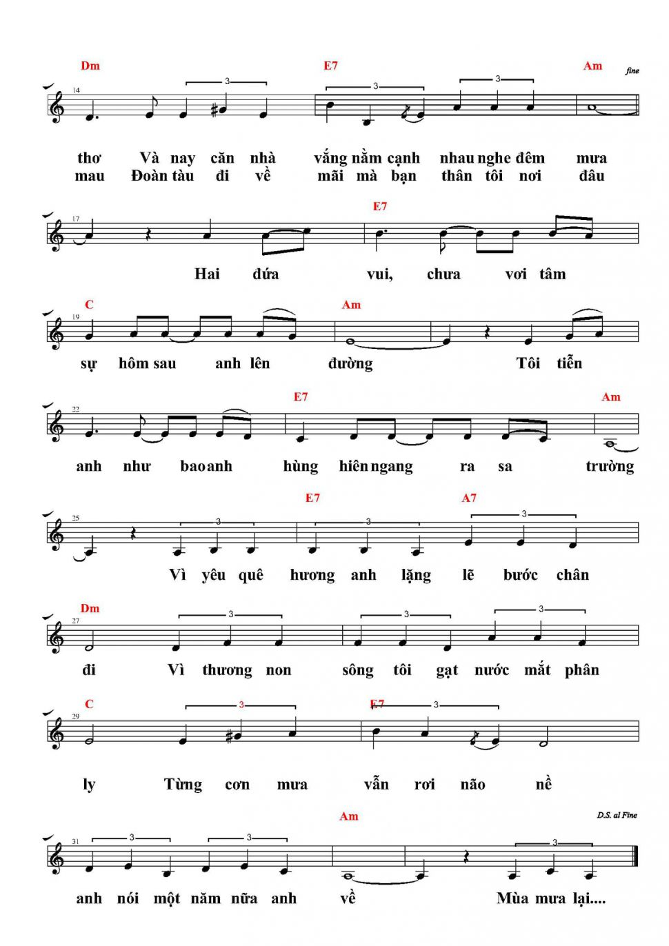 Hai Mùa Mưa sheet có lời 