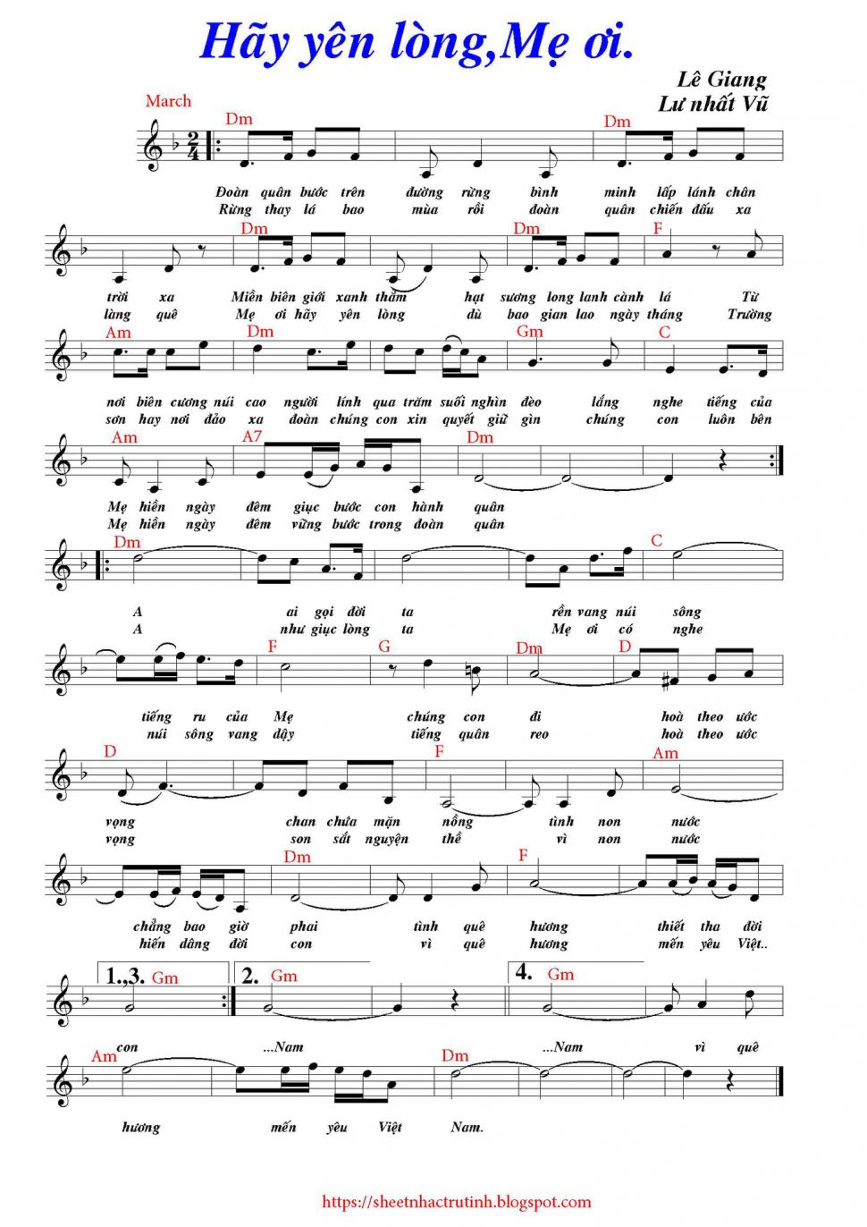 Hãy Yên Nghĩ Lòng Mẹ Ơi sheet