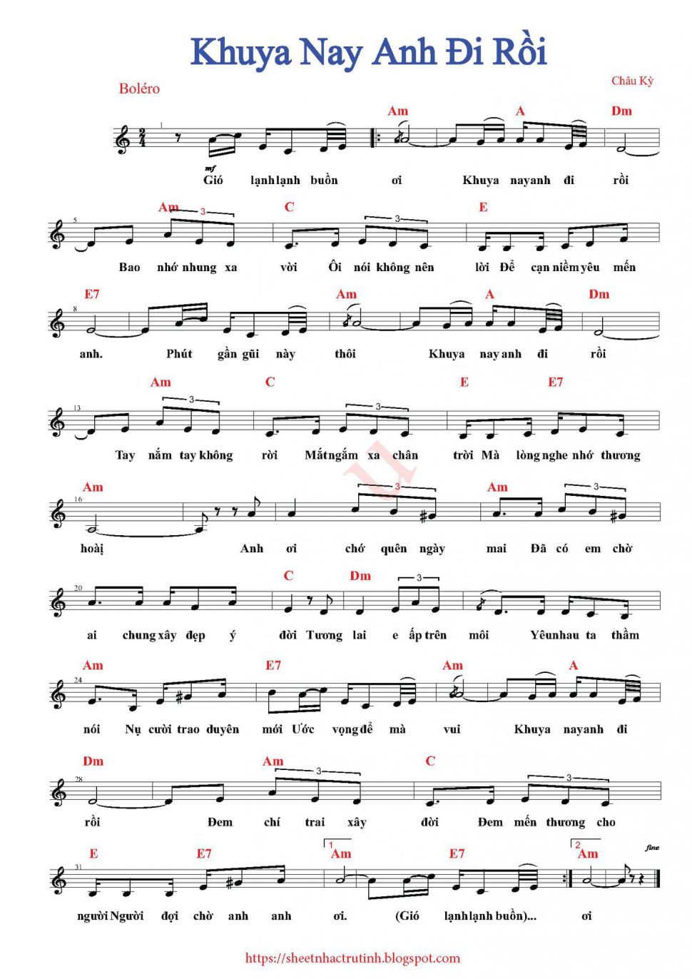 Khuya Nay Anh Đi Rồi sheet