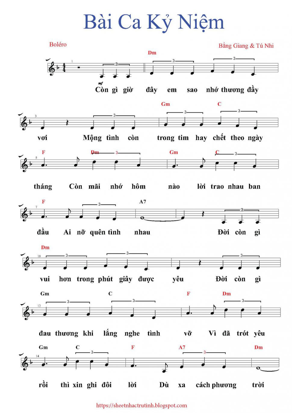 Bài Ca Kỷ Niệm sheet