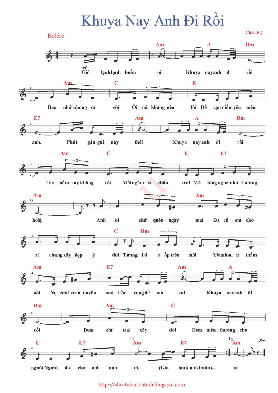 Khuya Nay Anh Đi Rồi sheet