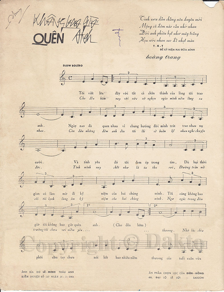 Không Bao Giờ Quên Anh sheet có lời Không Bao Giờ Quên Anh sheet có lời