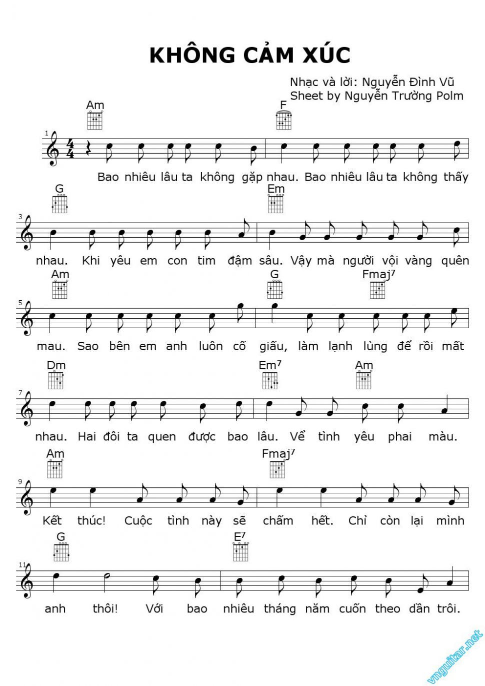 Không Cảm Xúc sheet có lời