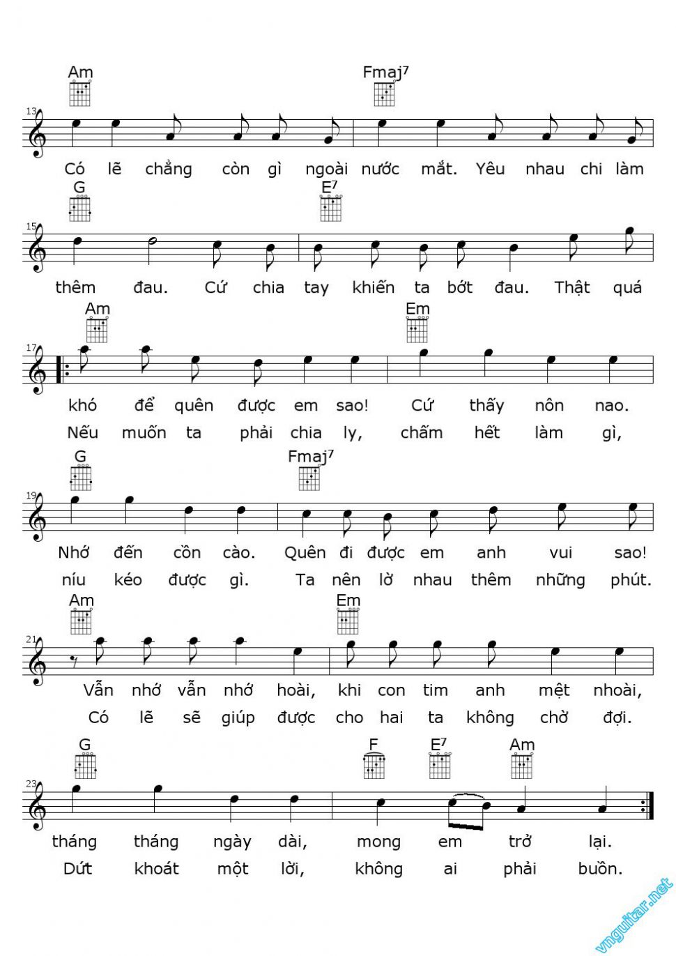 Không Cảm Xúc sheet có lời