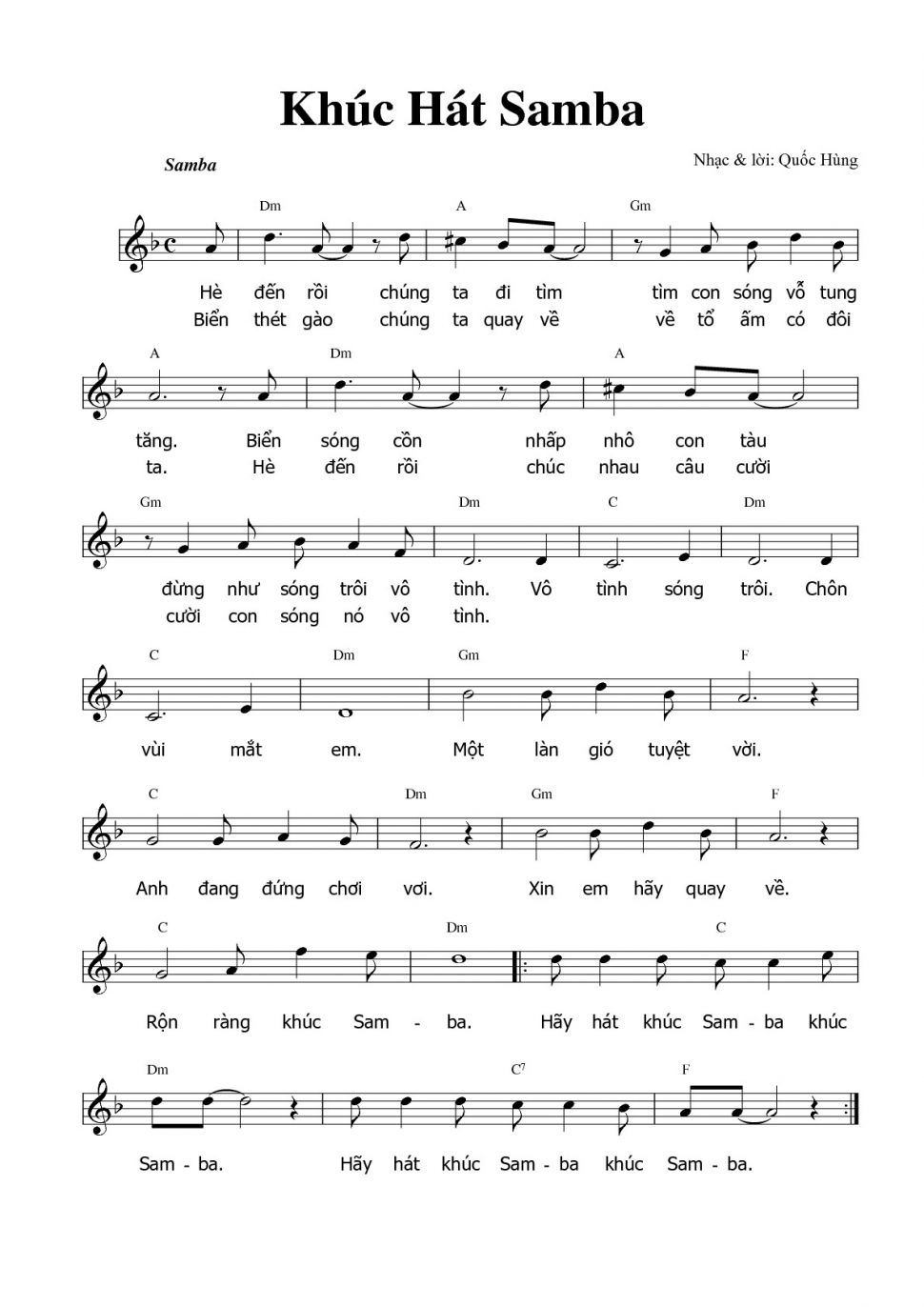 Khúc Hát Samba sheet có lời