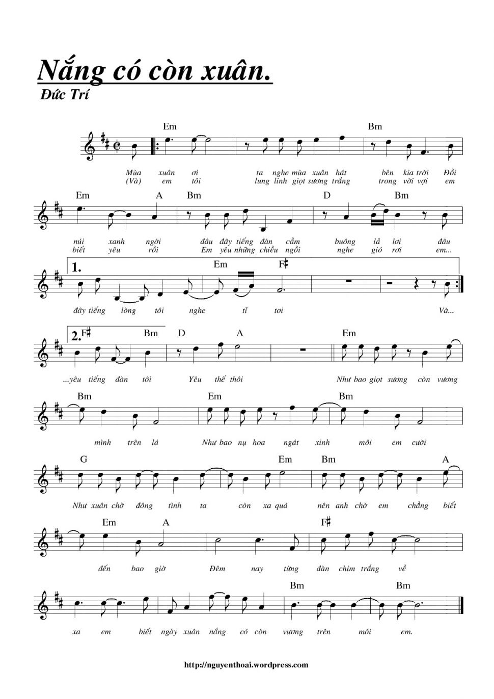 Nắng Có Còn Xuân sheet có lời