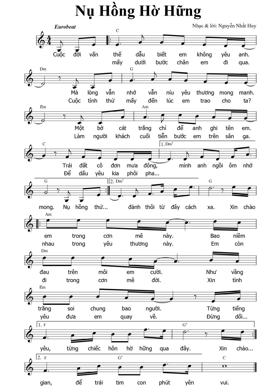 Nụ Hồng Hờ Hững sheet có lời