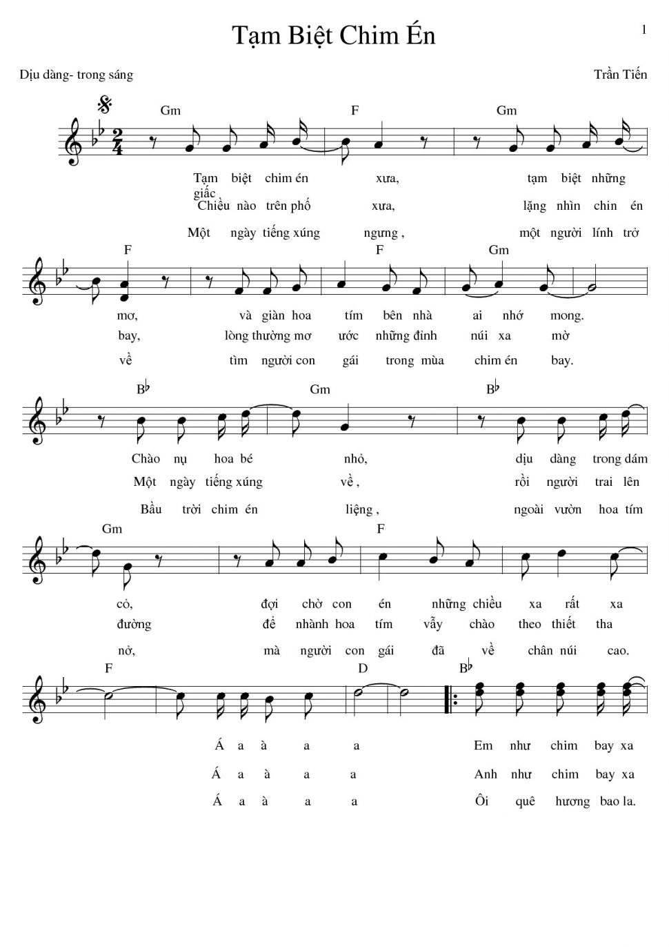 Tạm Biệt Chim Én sheet có lời