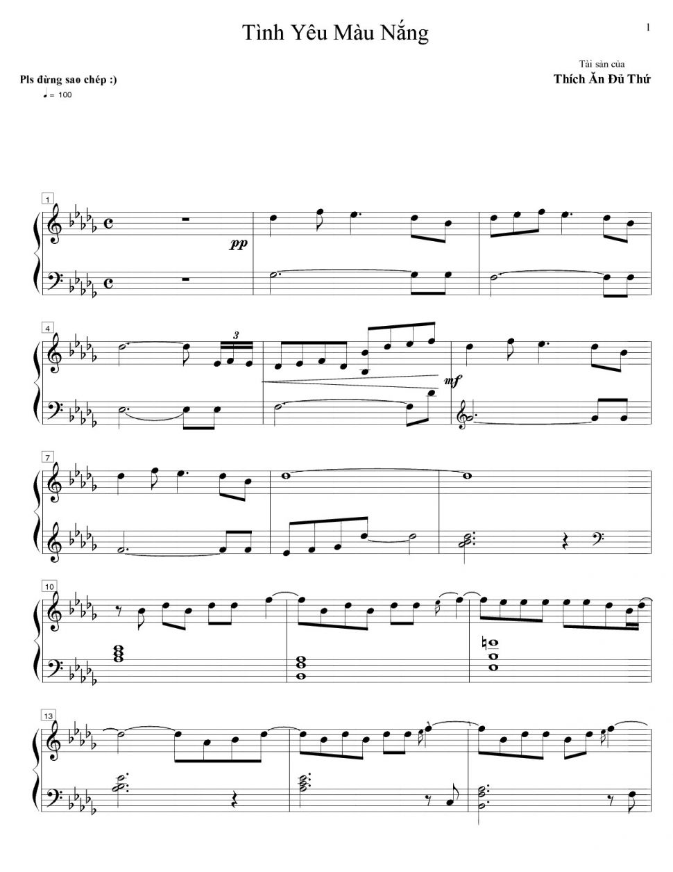 Tình yêu Màu Nắng sheet có lời