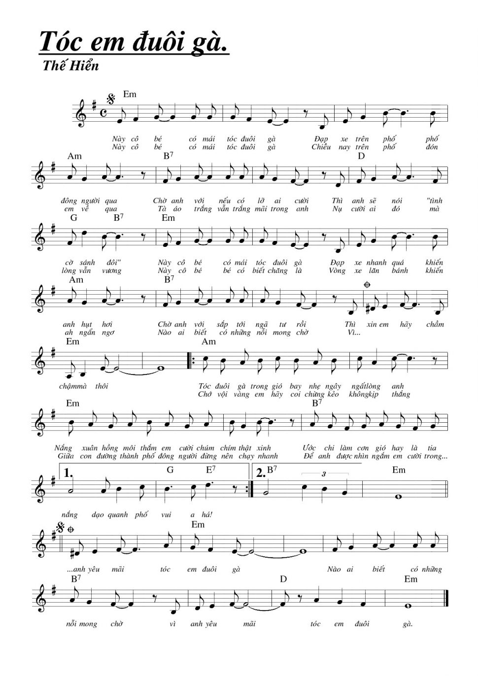 Tóc Em Đuôi Gà sheet có lời