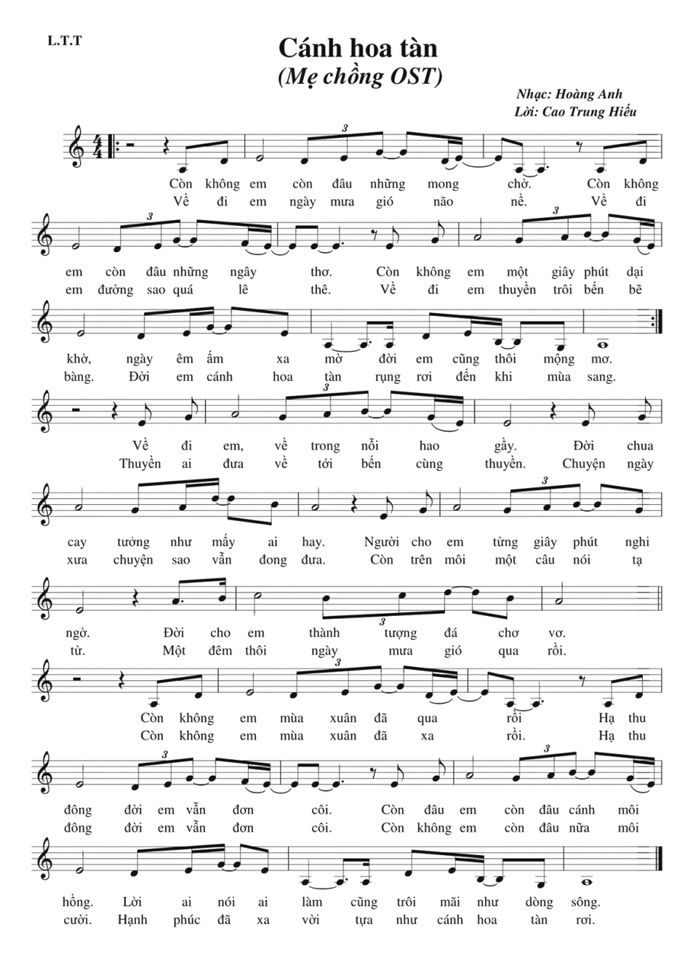 Cánh hoa tàn sheet có lời