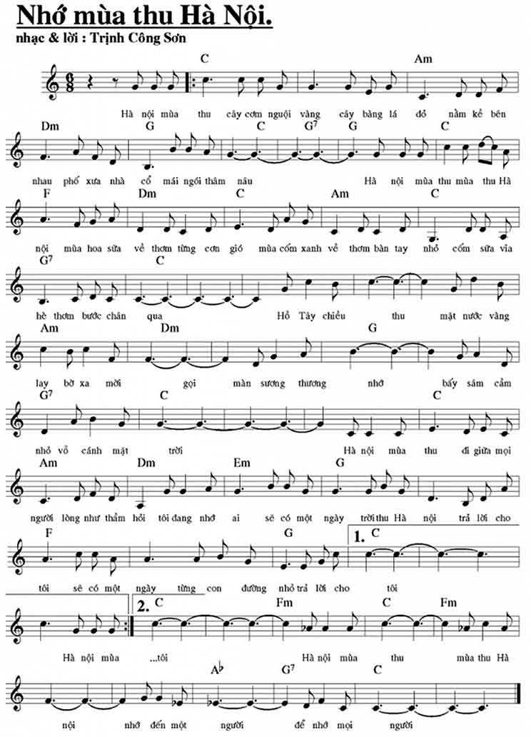 Nhớ mùa thu Hà Nội sheet có lời