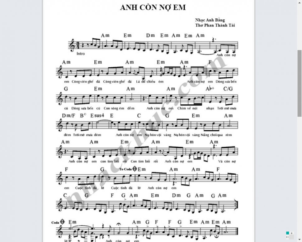 Anh còn nợ em sheet có lời