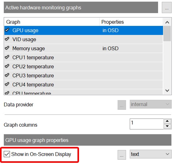Tít chọn cac thông số mà bạn muốn hiển thị trên màn hình chơi game